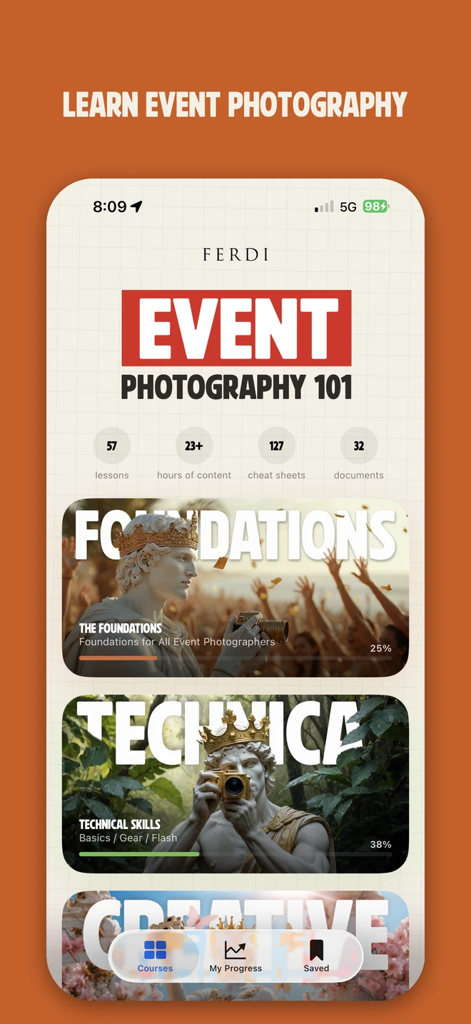 Event Photography 101 app home screen — the course on iPhone