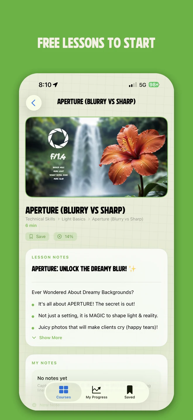 Event Photography 101 app lesson — aperture, blurry vs sharp